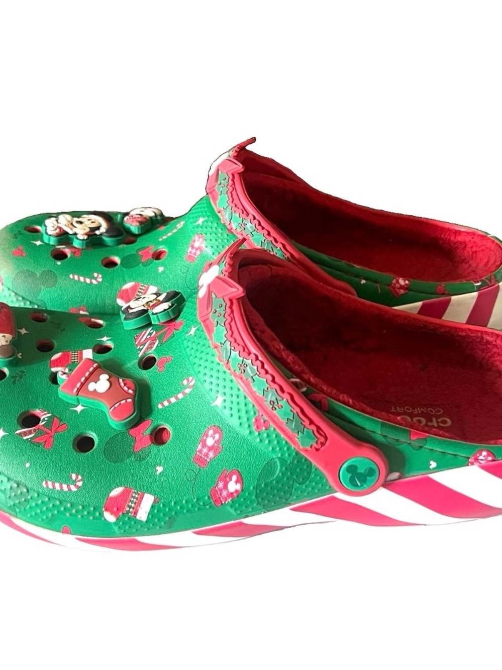 CROCS Men’s Green Red Disney Mickey Christmas Holidays Lined Clogs Sandals Sz 11